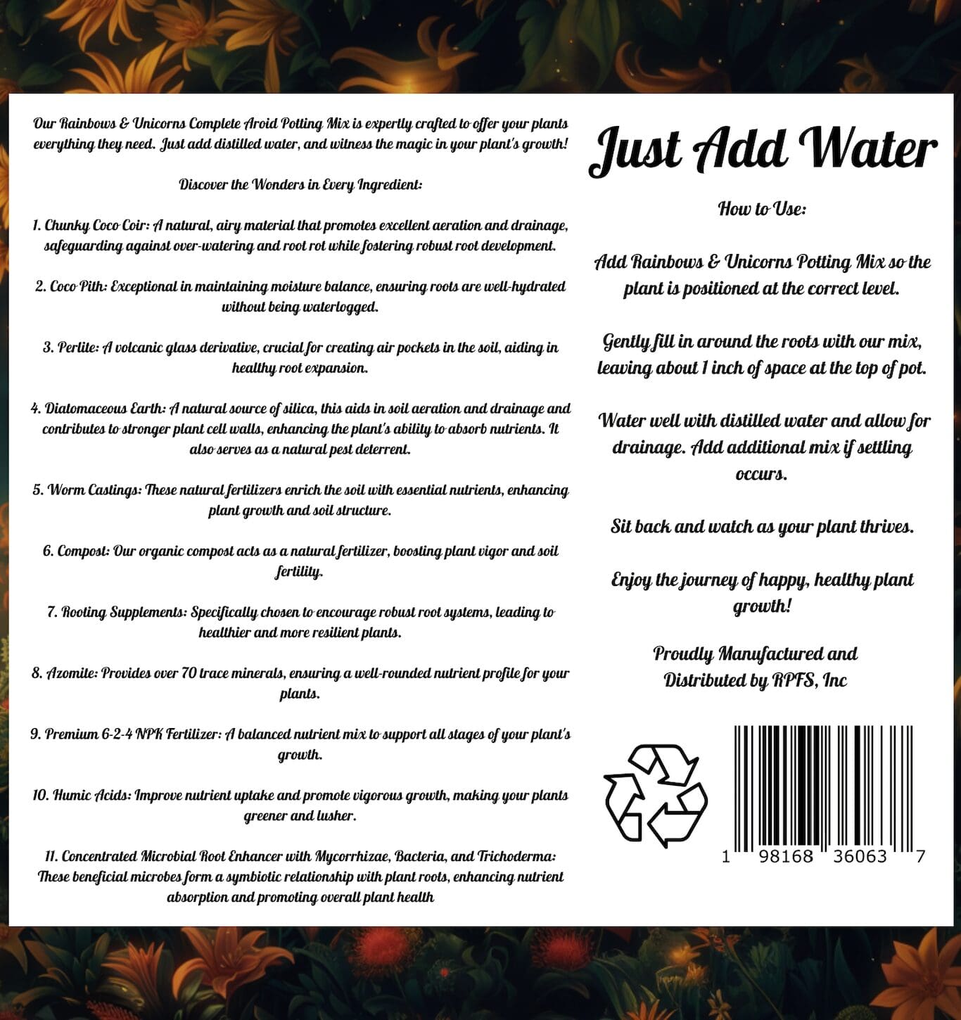 Rainbows and Unicorns tropical houseplant potting mix back view of packaging