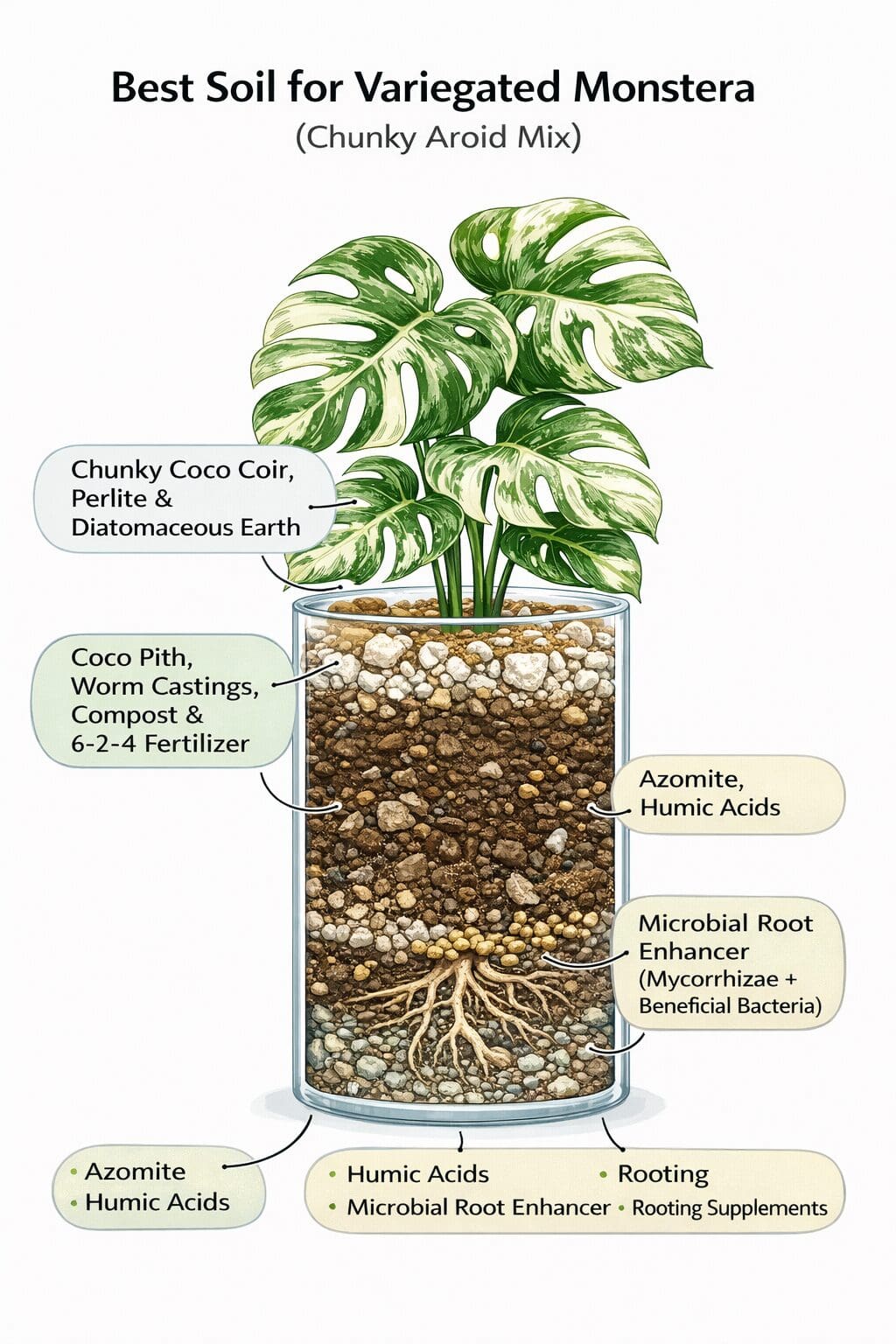 Cross section of Rainbows & Unicorns chunky aroid mix showing coco coir, perlite, coco pith, worm castings, compost, azomite, humic acids and microbial root enhancer for variegated Monstera soil