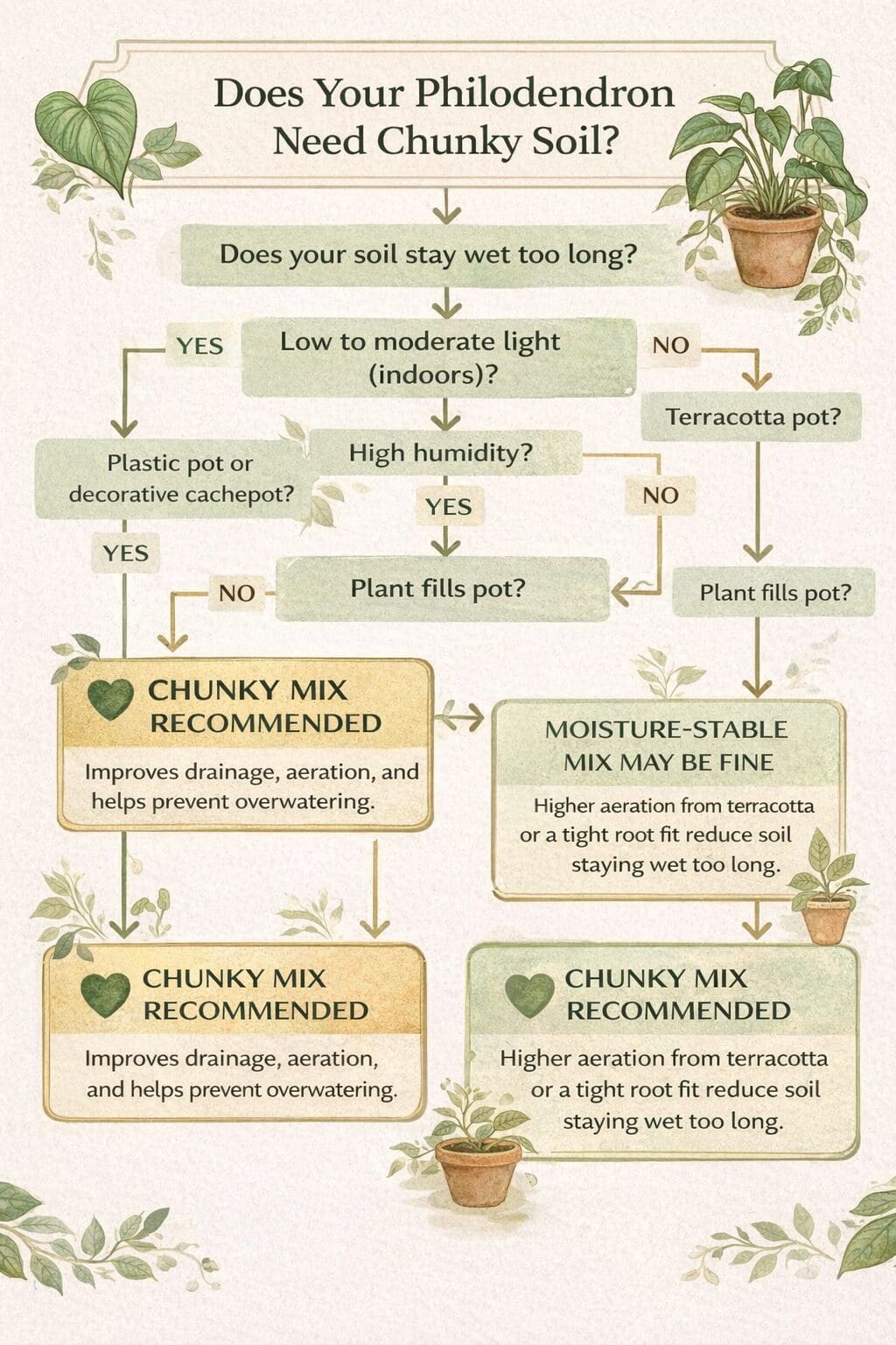 Decision tree diagram for choosing chunky soil vs moisture-stable mix for philodendron based on light, pot type, humidity, and root fit
