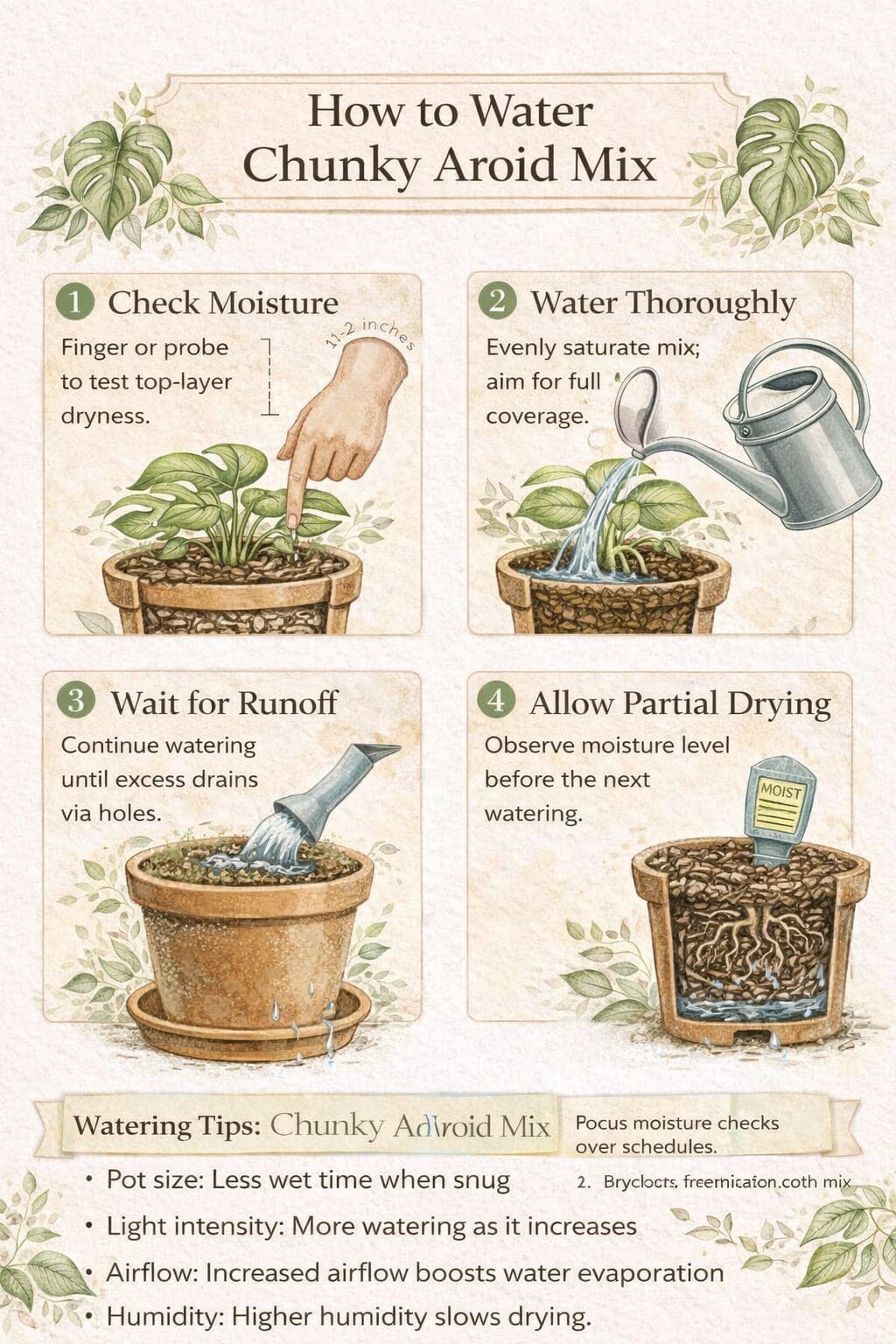 Infographic comparing chunky aroid mix and regular potting soil showing drainage, aeration, moisture retention, and root health differences for Monstera and Philodendron