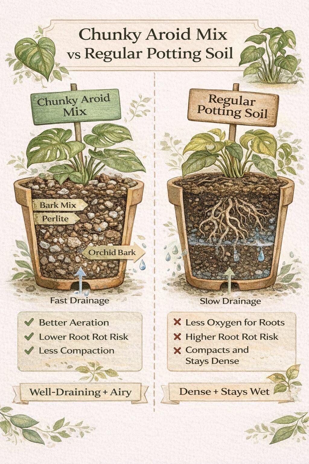 Side-by-side comparison diagram of chunky aroid mix and regular potting soil showing drainage speed, root aeration, and compaction differences