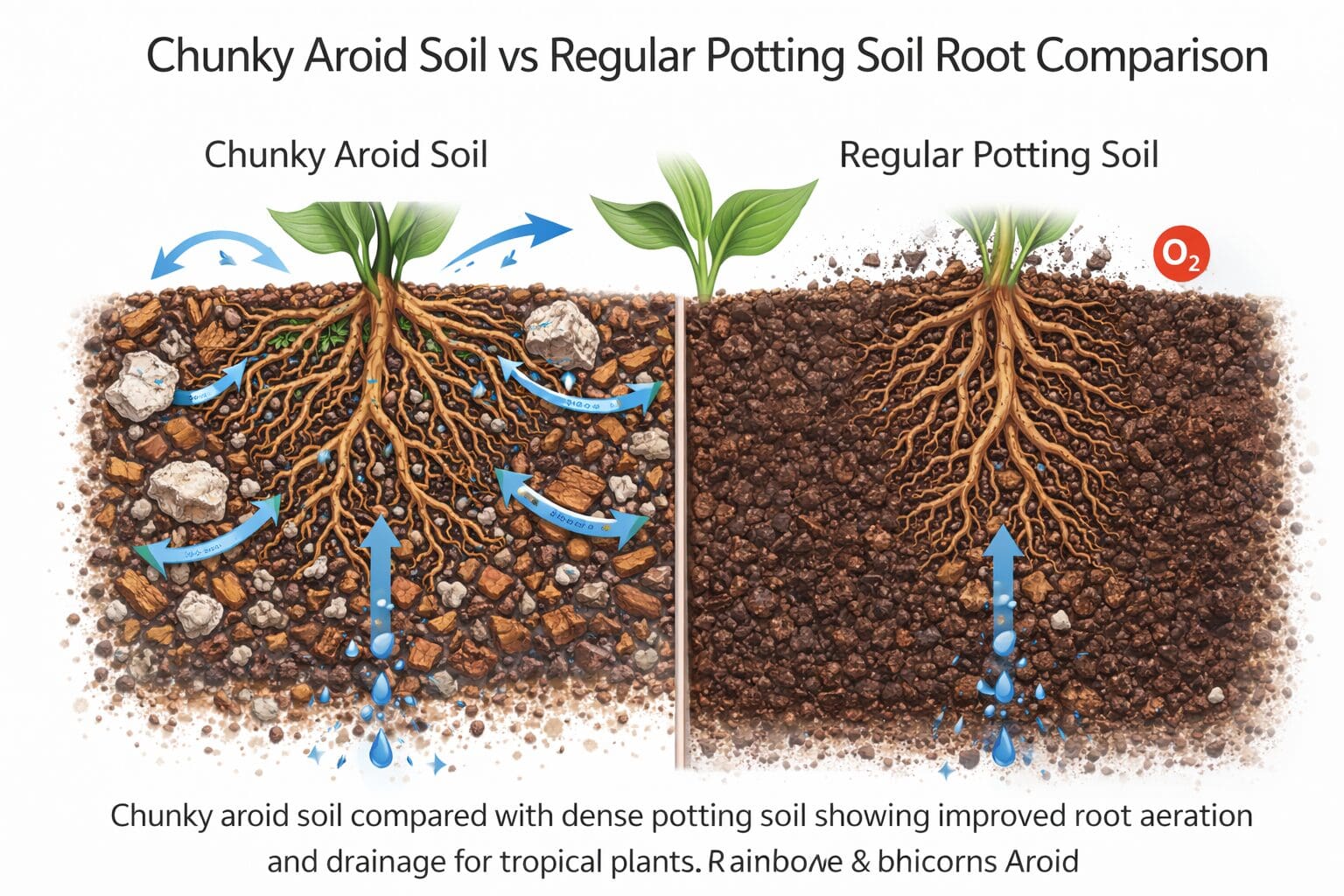 comparison diagram of chunky aroid soil versus dense potting soil showing drainage and root aeration differences