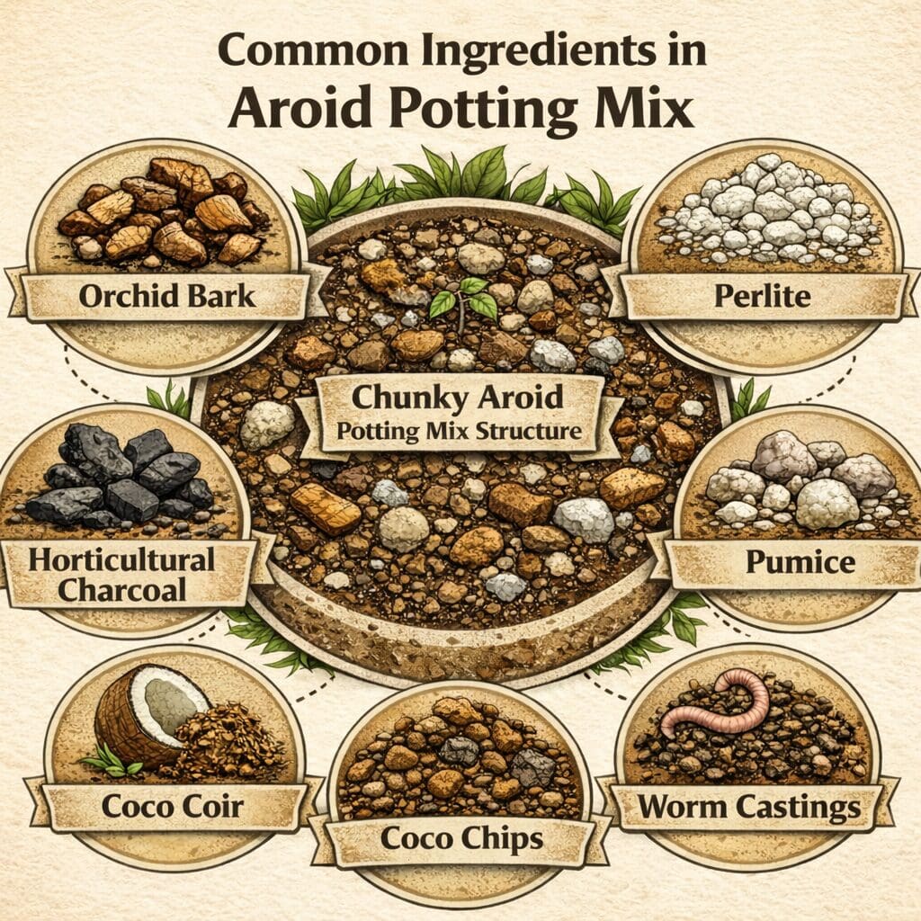 common ingredients in aroid potting mix diagram showing orchid bark perlite horticultural charcoal pumice coco coir coco chips and worm castings around a chunky aroid potting mix structure