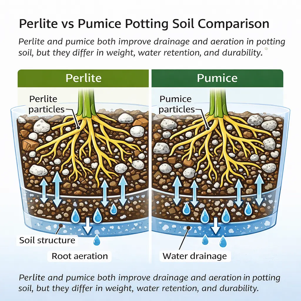 comparison diagram showing perlite and pumice in potting soil and how each improves drainage and root aeration