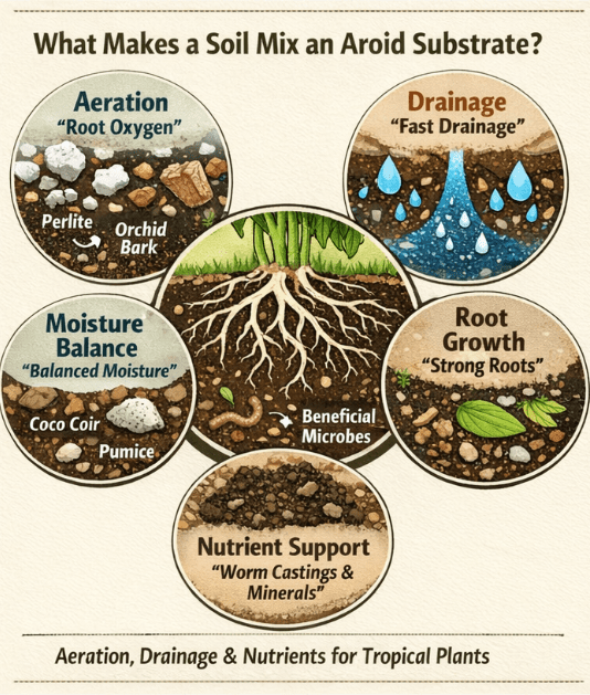 diagram explaining what makes an aroid soil mix including aeration from perlite and orchid bark drainage pathways moisture balance from coco coir and pumice nutrient support from worm castings and strong tropical plant root growth