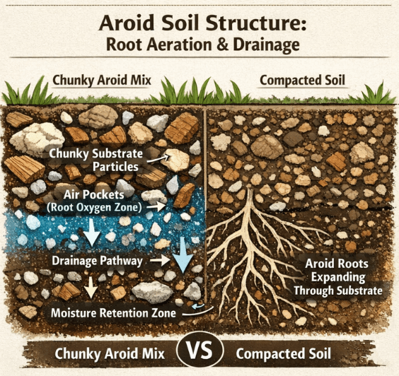 diagram showing chunky aroid soil structure with large substrate particles air pockets and drainage pathways compared to compacted potting soil where roots struggle to expand