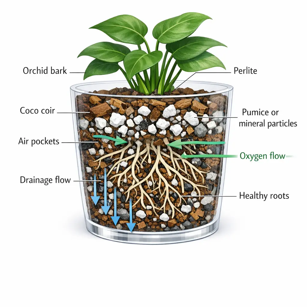 diagram showing chunky potting mix with bark perlite coco coir and other coarse ingredients creating airflow and drainage around aroid roots