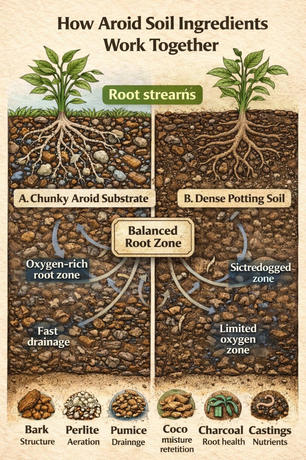 how aroid soil ingredients work together diagram comparing chunky aroid substrate and dense potting soil showing root aeration drainage and oxygen flow