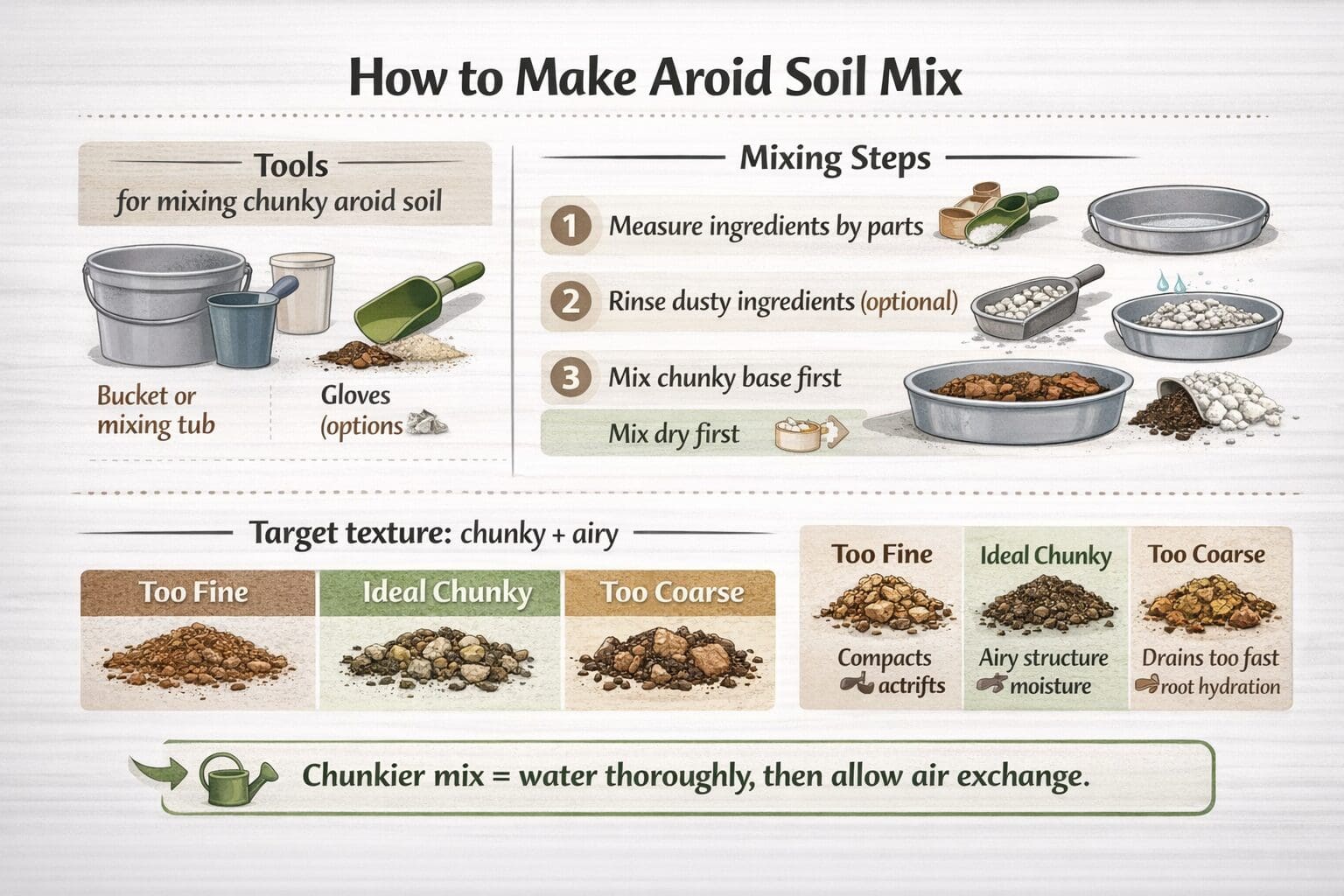 How to make aroid soil mix infographic showing tools, mixing steps, and the ideal chunky texture for a DIY aroid potting mix.