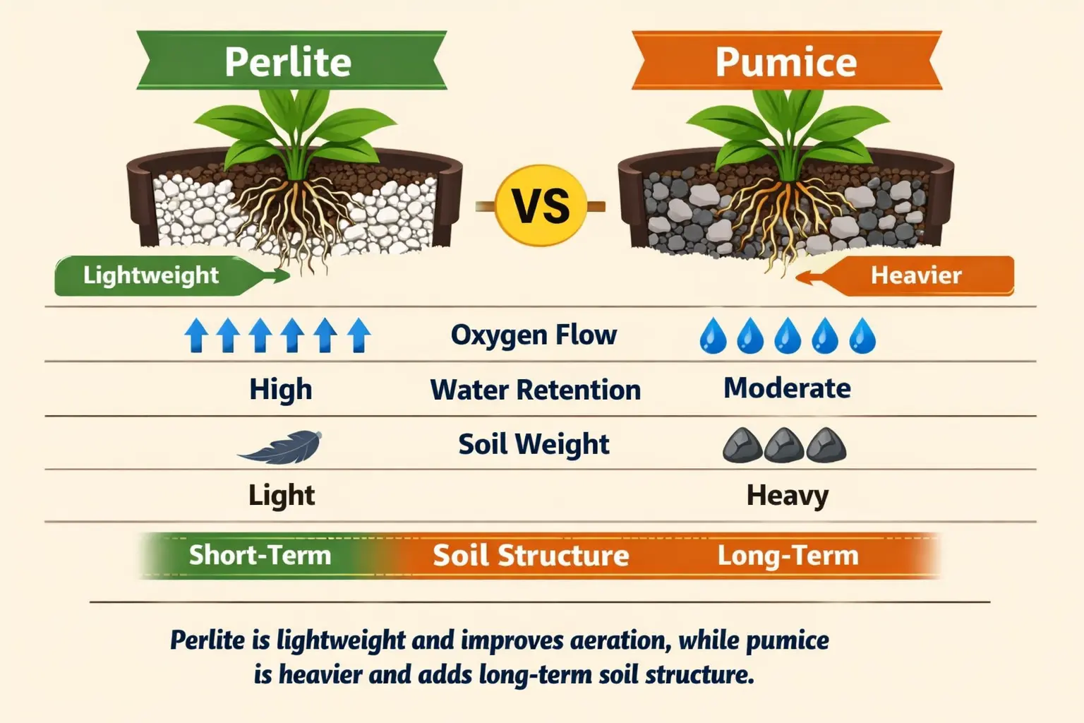 infographic showing how perlite and pumice affect drainage oxygen flow and soil weight in potting mixes