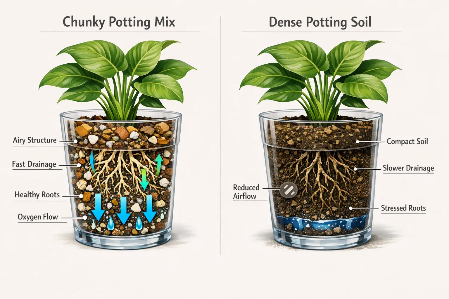 side by side comparison showing chunky potting mix versus dense potting soil with differences in airflow drainage and root health