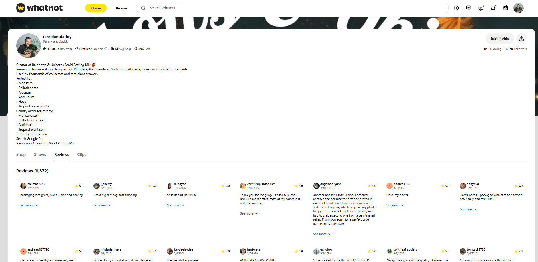 Rare Plant Daddy Whatnot profile showing reviews and ratings